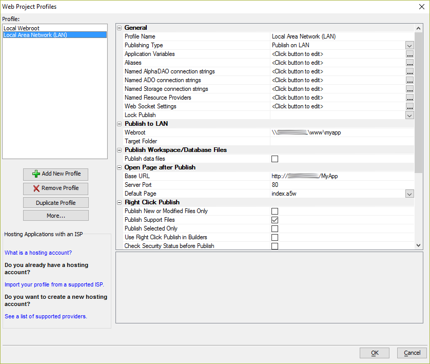 Select the Local Area Network (LAN) publishing profile in the Web Project Profiles dialog.